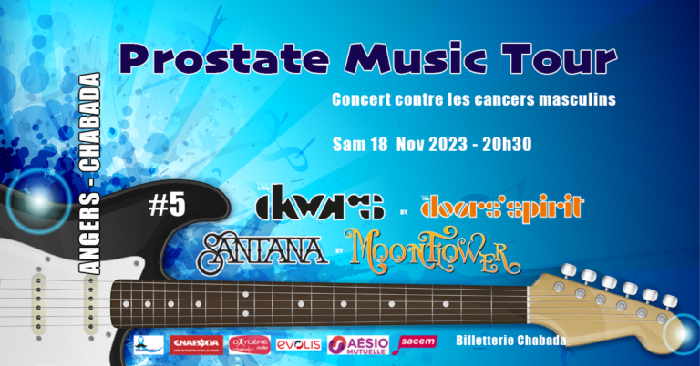 Affiche de concert avec une guitare électrique sur fond bleu avec comme titre "Prostate Music Tour" concert contre les cancers masculins